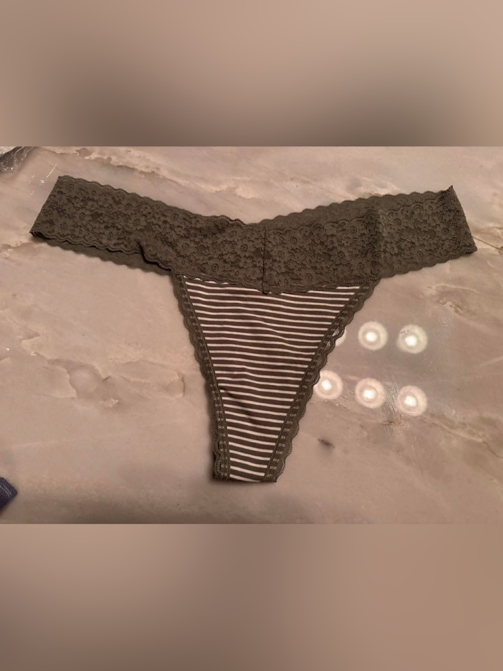 AERIE Lace-Trim Striped Thong Panty - Olive Green XL